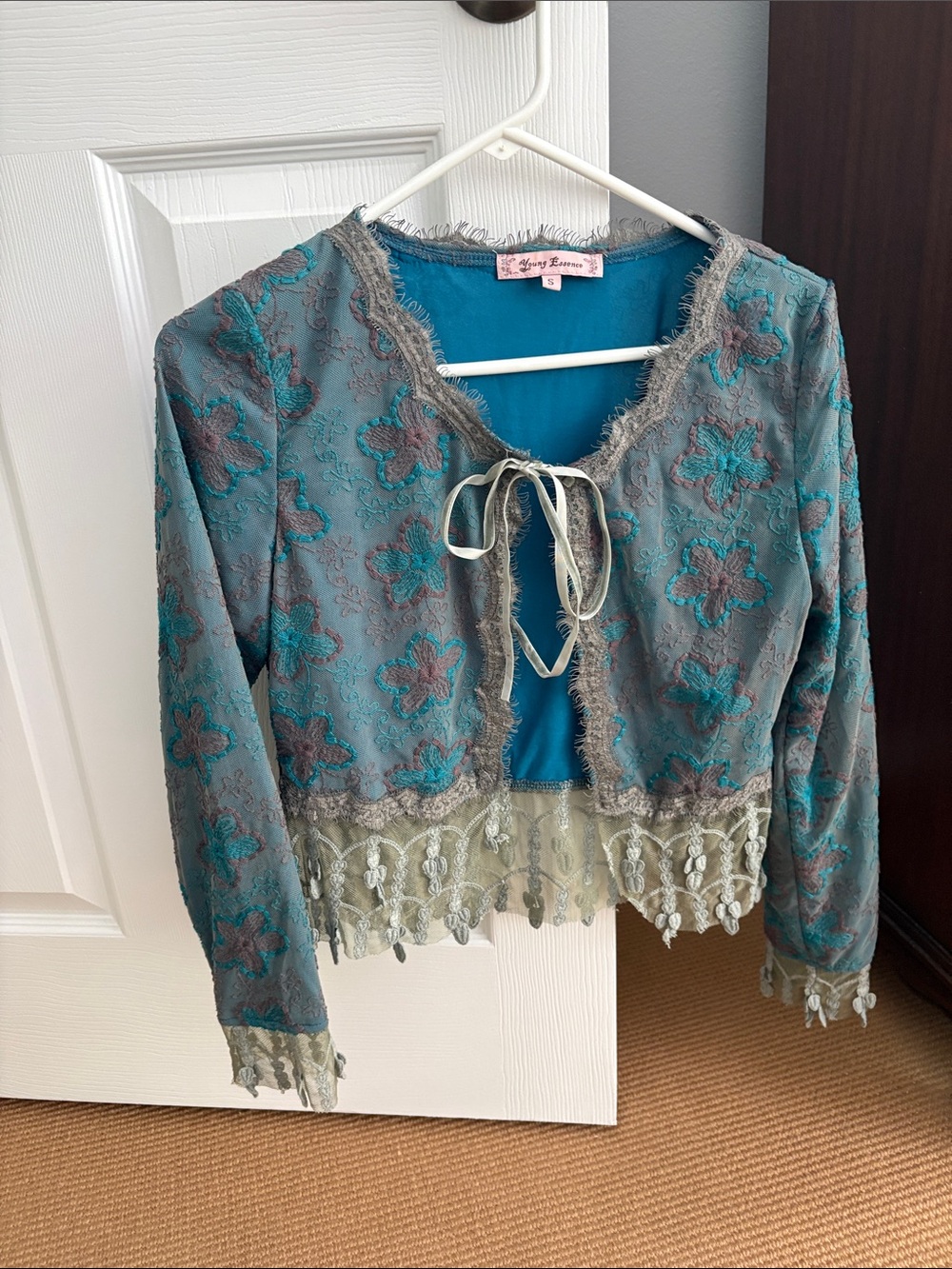 Young Essence Teal and Sage Embroidered Lace Crop Jacket